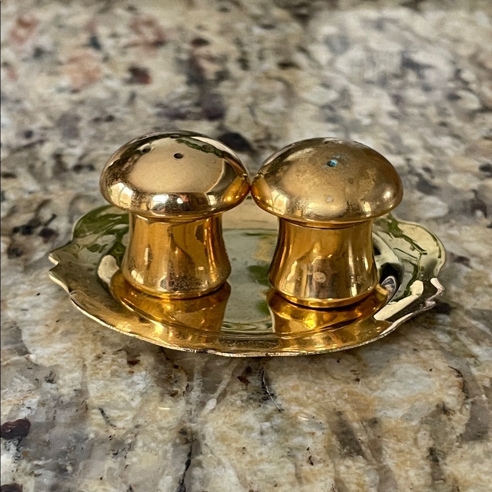 VTG SAINT-MEDARD Brass Salt and Pepper Shakers shaped like mushrooms with tray